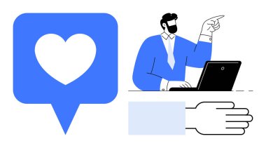 Laptop kullanan, yön gösteren, sohbet balonunda bir kalp ve bağlantı, iletişim, karar verme, sosyal ilişki, pazarlama işbirliği ve güven için açık el hareketi yapan bir iş adamı. A