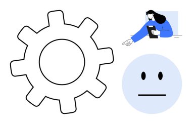 Büyük dişli sembolü minimal tarzda, elinde tablet tutan bir kadın, tarafsız yüz ifadesi. Teknoloji kavramları, takım çalışması, iş akışı, kullanıcı arayüzü, bağlantı, üretkenlik için ideal basit