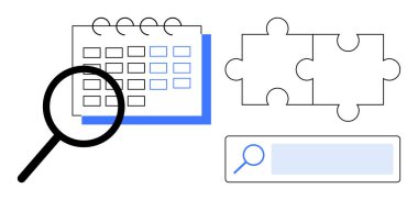 Büyüteçli spiral takvim organize olduğunu gösteriyor. Bulmaca parçaları problem çözmeyi temsil ediyor. Arama çubuğu çevrimiçi arama gösteriyor. Zamanlama, planlama, araştırma ve işbirliği için ideal