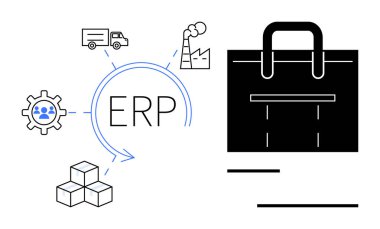Fabrika, kamyon, küp yığını ve teçhizatlı ERP sistemi. İşletme yönetimi, kaynak tahsisi ve işlem optimizasyonunu temsil eder. Lojistik ve üretim tedarik zinciri için ideal