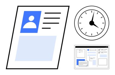 Profil detayları, analog saat ve web sayfası arayüz düzeni ile devam et. Üretkenlik, organizasyon, iş başvurusu, zaman izleme, dijital iş akışı, kariyer yönetimi için ideal daire
