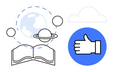 Yörüngede dönen gezegenler, baş parmak ikonu ve bulut sembolü olan açık bir kitap. Eğitim, öğrenim, onay, yaratıcılık, keşif, yenilik için ideal basit bir iniş sayfası