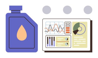 Analitik gösterge panelinin yanında sıvı damla ikonu olan şişe grafikler, çizelgeler, kontroller, metrik genel bakış. Veri analizi, sıvı izleme, iş raporlama, enerji verimliliği için ideal