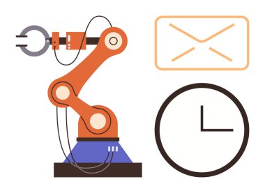 Robot kol, e-posta simgesi ve saat birlikte basit bir düz metaforda otomasyon, makine görevleri, üretkenlik, verimlilik, zamanlama, endüstriyel süreçler ve teknoloji yönetimini temsil eder.