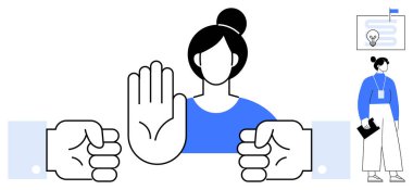 Kadın saldırganlığı, yumruklarıyla yüzleşirken kaldırarak durdurur. Çatışma çözümü, yetkilendirme, sınırlar, özgüven, işyeri dinamikleri, eşitlik, savunuculuk için ideal. Basit düz metafor