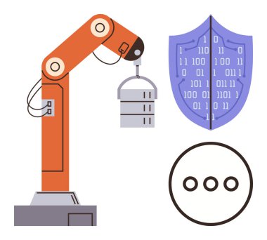 Robot kol kaldırma veri sunucusu, siber güvenliği simgeleyen ikili kodlu kalkan ve konuşma balonu. Teknoloji, otomasyon, siber güvenlik, IOT, robotik, yapay zeka ve endüstriyel yenilik için ideal