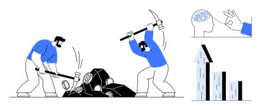 Kaynakları söken iki işçi, beyin aktivitesi olan sembolik bir kafa ve yükselen bir bar tablosu. Üretkenlik, takım çalışması, beyin fırtınası, yenilik, büyüme stratejisi, kaynak yönetimi için ideal basit