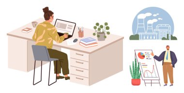 Ekolojik elementlerle dolu bir masada çalışan kişi, bir grafikle analitik sunum yapan profesyonel kişi ve arka plandaki fabrika. İş, çevre, analitik, strateji, takım çalışması için ideal