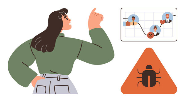 Woman pointing to workflow diagram with team members and bug warning sign. Ideal for teamwork, problem-solving, debugging, project management, communication, software issues, motivation. Simple flat