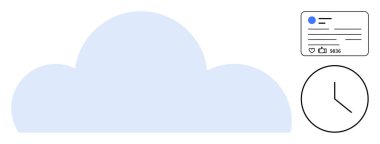 Sosyal medya direği ve saati olan büyük mavi bulut bulut depolama, veri paylaşımı ve zamanı sembolize ediyor. Takım çalışması, sosyal medya, zaman izleme, teknoloji, iletişim, programlama için ideal