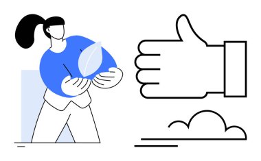 Elinde mavi bir yaprak, büyük bir işaret ve minimalist bulutlar tutan bir kadın. Sürdürülebilirlik, çevre dostu girişimler, onay, doğa, bakım, minimalizm ve basit iniş sayfası için ideal