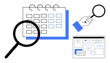 Takvim şebekesi, büyük büyüteç ve elinde büyüteçle arama. Dizüstü bilgisayar dijital arayüzü gösterir. Analiz, zamanlama, organizasyon ve araştırma için ideal