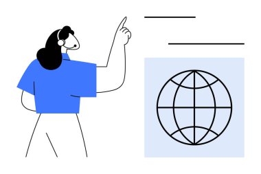 Küresel iletişim, eğitim ve desteği vurgulayan bir simgenin yanında işaret eden bir kulaklık takan kişi. Müşteri hizmetleri, web siteleri, e-öğrenme, takım çalışması, danışmanlık sektörü için ideal