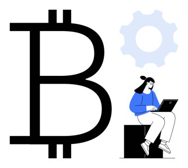 Büyük bir Bitcoin işareti ve vites simgesinin yanında dizüstü bilgisayarlı bir kadın oturuyor. Engelleme zinciri, kripto para birimi, fintech, yenilik, uzaktan çalışma, teknoloji ve ademi merkeziyet temaları için ideal. Basit düz
