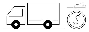 Dolar madeni para ve bulutun yanında minimalist teslimat kamyonu. Lojistik, nakliye, finans, e-ticaret, ulaşım, tedarik zinciri, teslimat hizmetleri için ideal. Basit bir düz metafor.
