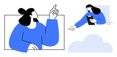 Kadın işaret ediyor ve elinde bir tablet tutuyor. Bulutun yanında. Eğitim, yaratıcılık, liderlik, rehberlik, yenilik, teknoloji, iletişim ve basit bir iniş sayfası için ideal