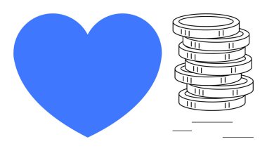 Madeni paraların yanında mavi kalp, duygular ve para arasındaki bağlantıyı sembolize ediyor. Sağlık, bağış, hayır, tasarruf, yatırım, hayırseverlik için idealdir. Basit düz metafor