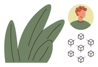 Profildeki kızıl saçlı kişi, birbirine bağlı küpler blok zincirini sembolize ediyor, yeşil yapraklar sürdürülebilirliği gösteriyor. Kimlik, yenilik, çevre, ademi merkeziyet, eko-teknoloji, kişisel