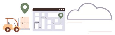 Forklift taşınan kutular, güzergah haritalı depo düzeni ve yer işaretleri, bulut simgesine bağlı. Lojistik, tedarik zinciri, depo otomasyonu, çevrimiçi izleme, iş operasyonları için ideal
