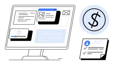 İçerik kartlarını, video oynatıcısını ve e-postayı gösteren bilgisayar monitörü. Bitişiğinde dolar işareti ve kontrol listesi var. Finans, üretkenlik, çevrimiçi iş, organizasyon, içerik yönetimi ağı için ideal