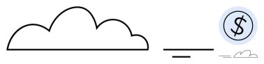 İnce hareket çizgileriyle bir dolar sikkeye bağlı bir bulut çizgisi. Finans, tasarruf, dijital dönüşüm, yenilik, bulut depolama, ekonomik analiz, basit düz metafor