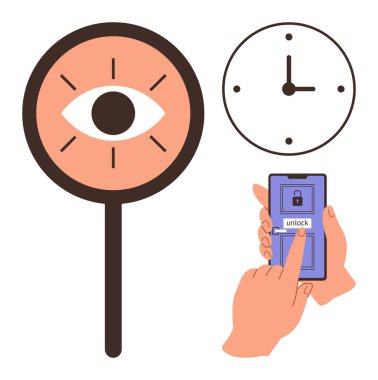 Göz büyüteci, akıllı telefonun kilit açma arayüzü ve veri erişimini gösteren saat, güvenlik, zaman yönetimi. Gizlilik için ideal, dijital güvenlik, zaman planlama, modern teknoloji