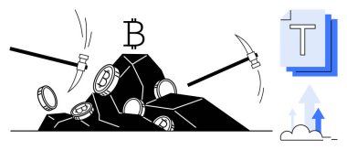 Kazmalar, Bitcoin paraları ve blok elementlerle dolu taşlara çarpıyor. Kripto para birimi, engelleme teknolojisi, dijital madencilik, finans, yenilik, fintech, basit iniş sayfası için ideal