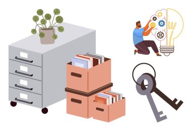 Ofis dolabı, evrak kutuları, anahtarlar, saksı bitkisi ve dişlileri ampul içinde birleştiren adam. Organizasyon, yaratıcılık, problem çözme, işyeri yönetimi yenilik güvenliği için ideal