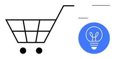 Minimalist alışveriş arabası çizimi bir ampul ikonu ile eşleştirildi. Ticaret, e-ticaret, alışveriş, iş fikirleri, teknoloji, pazarlama ve ürün geliştirme alanlarındaki yenilikleri temsil etmektedir. İdeal