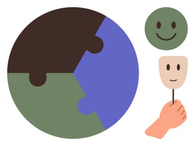 Bir bulmaca küresi bağlantı ve birliği ön plana çıkarırken, elinde gülen yüz maskeleri duygusal denge ve akıl sağlığını simgeler. Takım çalışması, empati, terapi, çeşitlilik, duygular, kimlik için ideal