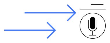 Bir mikrofon simgesini gösteren mavi oklar, ses girdisi, ses komutları veya dijital kayıt öneriyor. İletişim, ses arayüzü, teknoloji, ses araması, yenilik etkileşimi için ideal