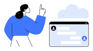 Bulut simgesinin yakınına doğru bakan bir kadın ve sohbet unsurları olan bir sohbet penceresi. İletişim, takım çalışması, uzak çalışma, bulut hesaplama, müşteri hizmetleri, ağ oluşturma, basit iniş sayfası için ideal