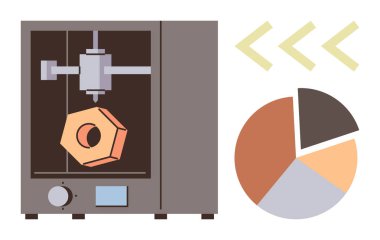 3D yazıcı, bir pasta grafiği ve oklarla eşleştirilmiş geometrik bir nesne yaratıyor. Teknoloji, yenilik, mühendislik, imalat, analitik, araştırma ve gelecekteki trendler için idealdir. Basit düz metafor