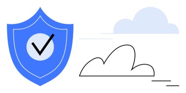 Mavi kalkanda, çizgili ve renkli bulutların yanında güvenlik, koruma, bulut hesaplama ve güveni simgeliyor. Teknoloji, güvenlik, veri güvenliği, bulut hizmetleri sigortası için ideal