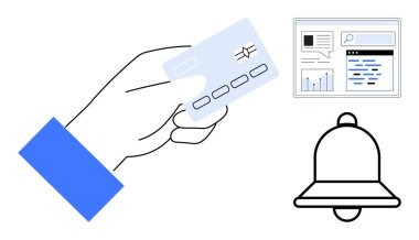 Kredi kartıyla el, çizelgeler ve verilerle birlikte web gösterge paneli ve uyarı zili. Çevrimiçi ödeme, işlem güvenliği, fintech çözümleri, ekommerce, uyarılar, kullanıcı arayüzü sade iniş için ideal
