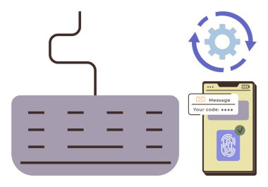 Girdi, akıllı telefon görüntüleme kodu ve parmak izi doğrulaması için klavye bağlandı. Dönen dişli senkronizasyonu sembolize ediyor. Güvenlik, kimlik doğrulama, teknoloji, gizlilik, giriş için ideal