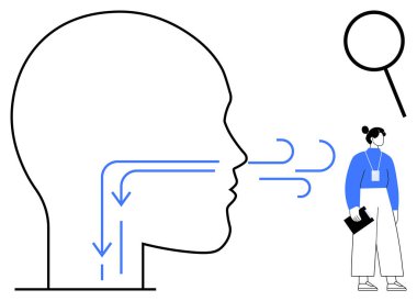 Nefes yollarında hava akışını gösteren insan kafasının ana hatları, notlar tutan küçük bir insan, büyüteç. Sağlık, anatomi, solunum, eğitim, araştırma, diyagram için ideal