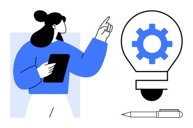 Elinde tablet olan bir kadın, içinde ekipman bulunan bir ampule bakıyor, yaratıcılığı, problem çözmeyi, teknolojiyi, liderliği, eğitimi, takım çalışmasını ve yeniliği temsil ediyor. Aşağıda bir kalem var.