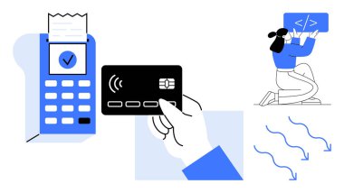 Posta terminalinin yanında bir ödeme kartı tutuyor, makbuz ve kodlayıcı bir ekran üzerinde çalışıyor. Fintech, programlama, perakende, çevrimiçi ödeme, e-ticaret, bankacılık eğitimi için ideal