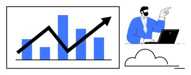 Adam dizüstü bilgisayarda çalışırken, yükselen bir çizelgenin yanında hareket ediyor ve ok büyümeyi gösteriyor. Veri analizi, iş başarısı, strateji, finansal büyüme, takım çalışması, teknoloji, basit daire