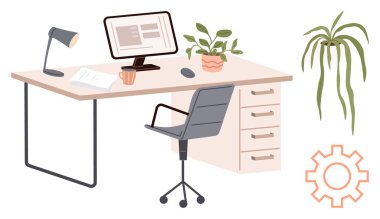 İçinde bilgisayar, lamba, sandalye, çekmece, kahve fincanı, kağıtlar, saksı bitkileri ve çark olan ofis kurulumu masası. Üretkenlik için ideal iş yeri tasarımı uzak çalışma organizasyonu yaratıcılığı