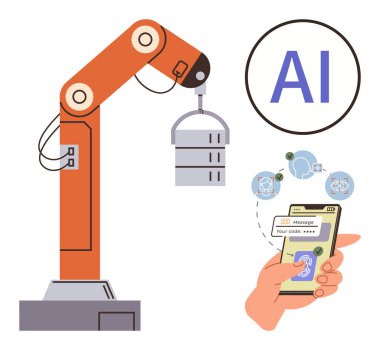 Veri sunucusu taşıyan robot kol, güvenlik kodu ve biyometrik gösteren akıllı telefon, yapay zeka kabarcık elementleri. Otomasyon için ideal, yapay zeka, endüstri 4.0, siber güvenlik teknolojisi yeniliği IOT. Temiz