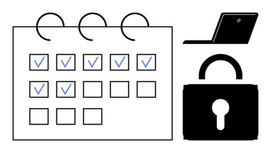 Kontrol işaretleri, dizüstü bilgisayar ve asma kilit içeren spiral takvim verimliliği, dijital güvenliği ve zaman yönetimini temsil ediyor. Zamanlama, siber güvenlik, uzak çalışma, hedef belirleme veri gizliliği görevi için ideal