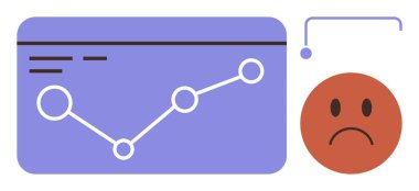 Üzgün bir yüz simgesinin yanında eğilim çizgisi olan grafikler, düşüşü, kötü performansı veya gerilemeyi temsil ediyor. İş, analiz, hayal kırıklığı, kayıp, mali konular için ideal ilerleme basit