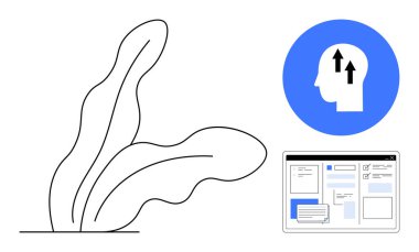 Soyut bitki büyümesi, oklu insan kafası ve web arayüzü ilerlemeyi, yeniliği ve dijital bağlantıyı ön plana çıkarıyor. Büyüme, yaratıcılık, eğitim, teknoloji geliştirme için ideal