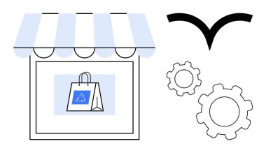 Yeniden kullanılabilir alışveriş torbaları, işlevsel işlemler için vitesler ve sürdürülebilirlik için kuş unsurları olan bir depo. E-ticaret, sürdürülebilirlik, perakende yenilik, eko-ticaret, otomasyon için ideal