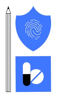 Dikey kalem, kalkanda parmak izi ve tabletli hap yaratıcılığı, güvenliği ve sağlık hizmetini simgeliyor. Konseptler için ideal koruma, kimlik, yenilik, tıbbi bakım dijital