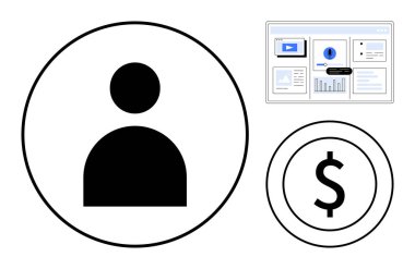 Kullanıcı simgesi, dolar sembolü ve analitik gösterge paneli elemanları kullanıcı erişimini, finansal izleme ve veri görselleştirmesini vurguluyor. Kullanıcı arayüzü, finans, iş çözümleri, mobil uygulama verileri için ideal