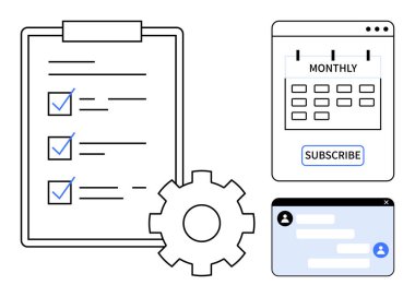 Kontrol listesi olan pano, aylık etiketli takvim, ayarları temsil eden dişli, sohbet penceresi. Üretkenlik, görev planlaması, abonelik yönetimi, iş akışı, işbirliği örgütü için ideal