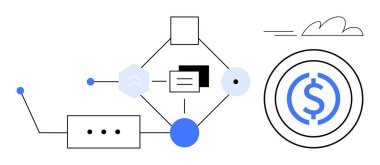 Geometrik şekilli, bulutlu ve dolar işaretli soyut veri akış ağı. Finans, teknoloji, dijital ekonomi, yenilik, iş akışı, otomasyon için ideal basit düz metafor